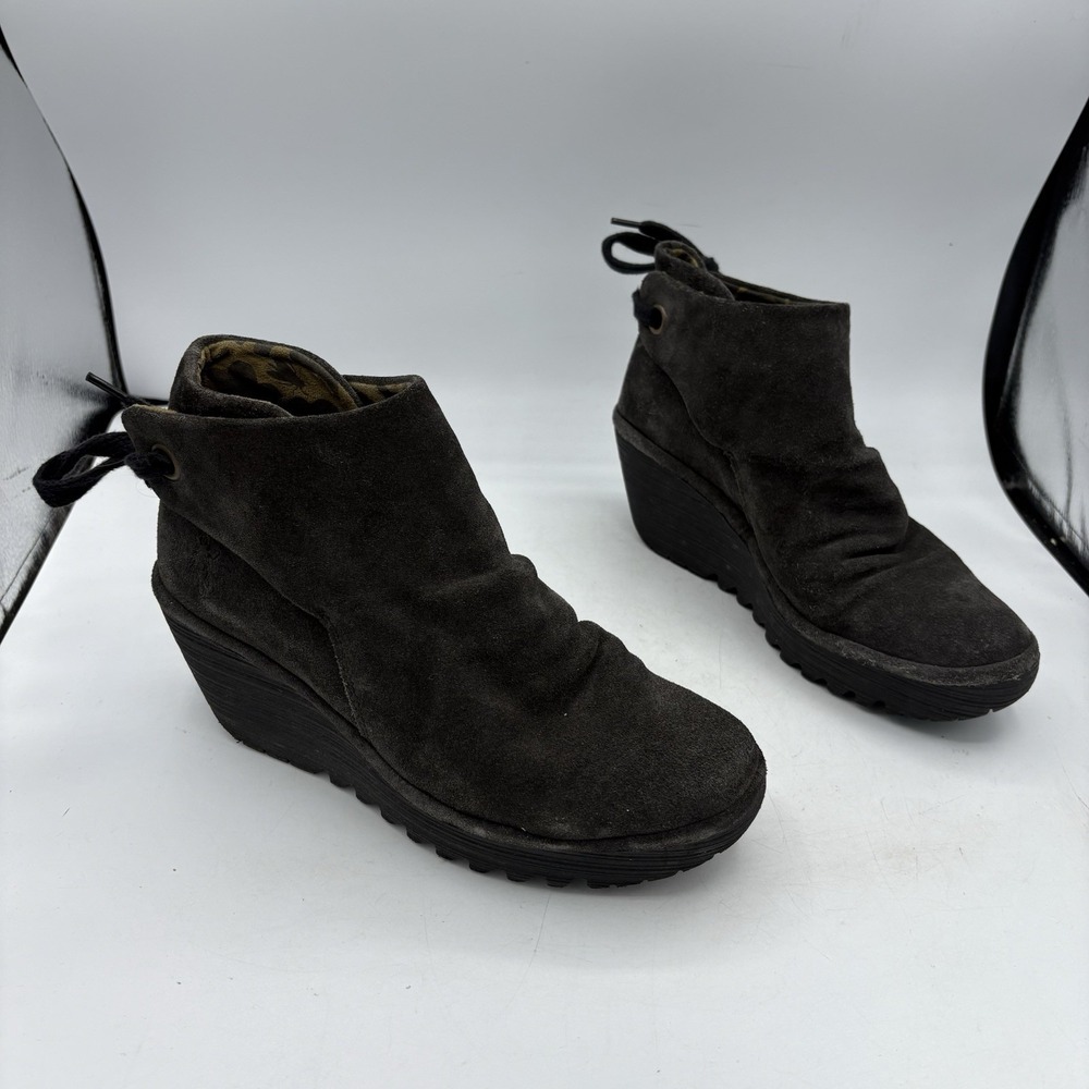 Fly London Boots Womens 7.5 Yebi Black Ruched‎ Suede Back Tie Wedge Ankle Bootie
